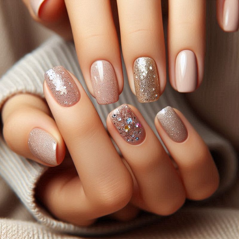 Beige and Glitter Nails