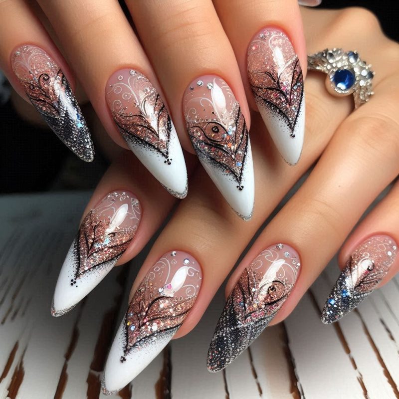 French Tip with Glitter Abstract Handmade Nails