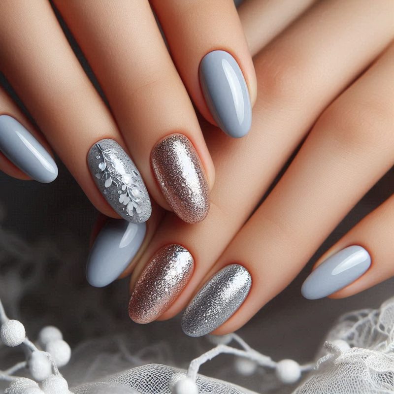 Grey with Glitter on Top Nails