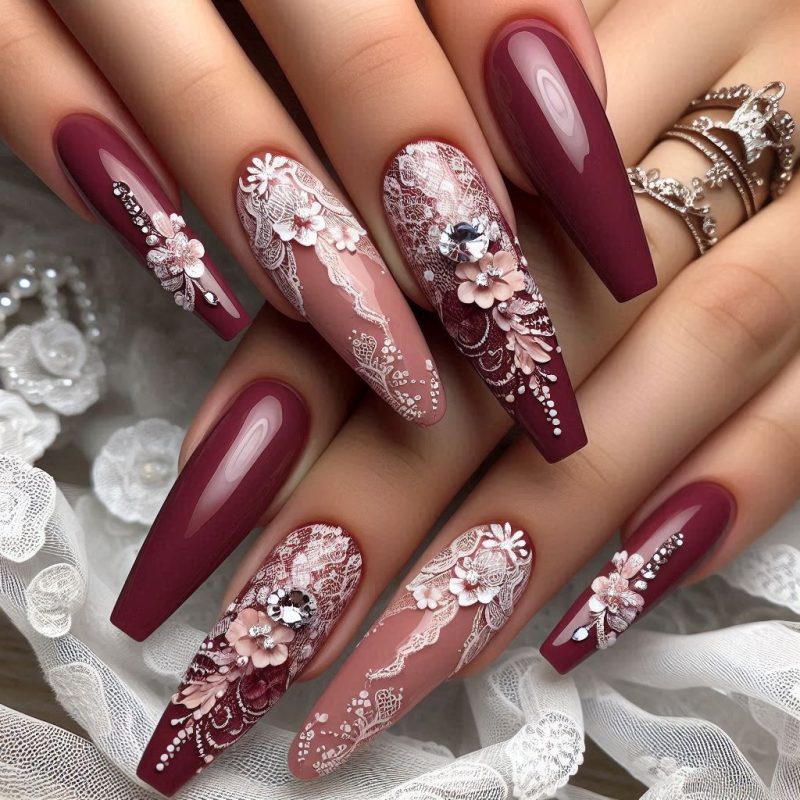 burgundy Bridal Press on Nails