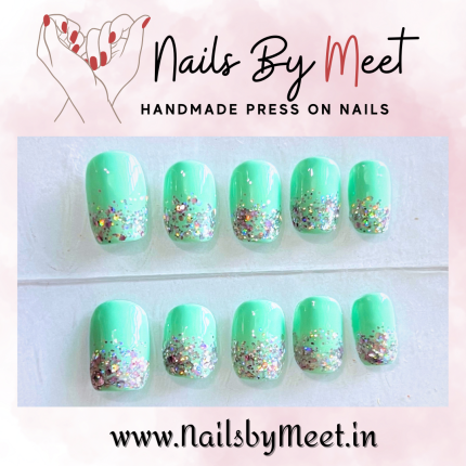 Aqua Green with Glitter Nails