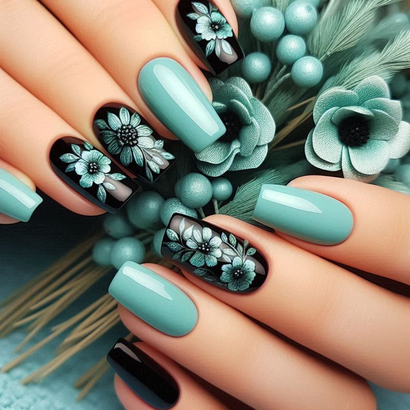 Aqua Green with Black Flower Press-On Nails