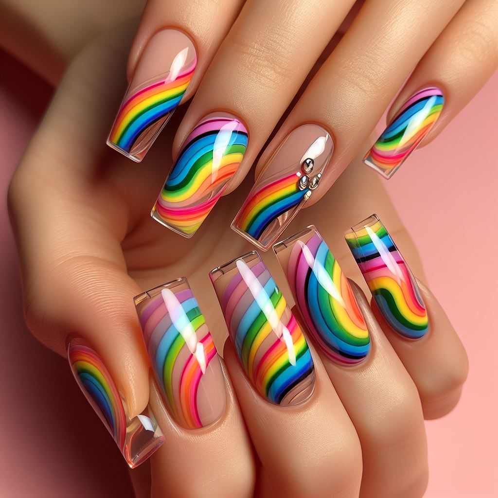 Rainbow Abstract French Tip Press-On Nails: A Colorful Trend