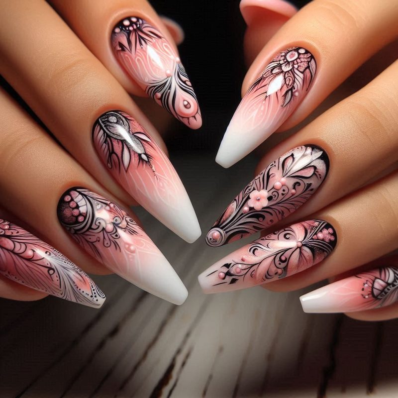 Pink and White Handmade Nails