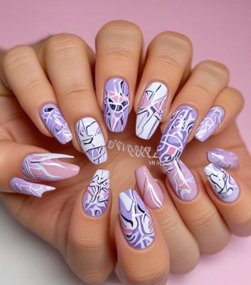 Make a image of Lilac with White and Pink Abstract Handmade Press on Nails