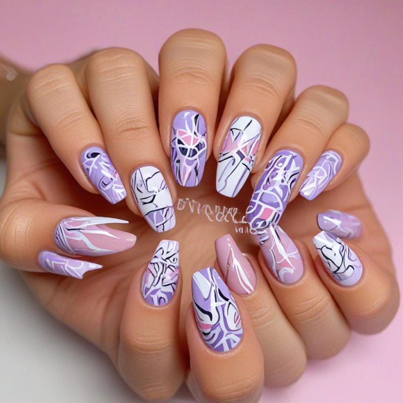 Make a image of Lilac with White and Pink Abstract Handmade Press on Nails